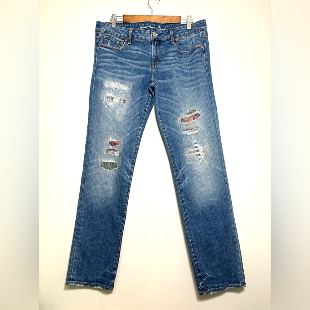 American Eagle Stretch Manufacture Distressed Patched Stitching Jeans Women’s 14